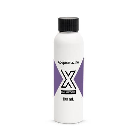 White bottle of Acepromazine with a black cap on a white background
